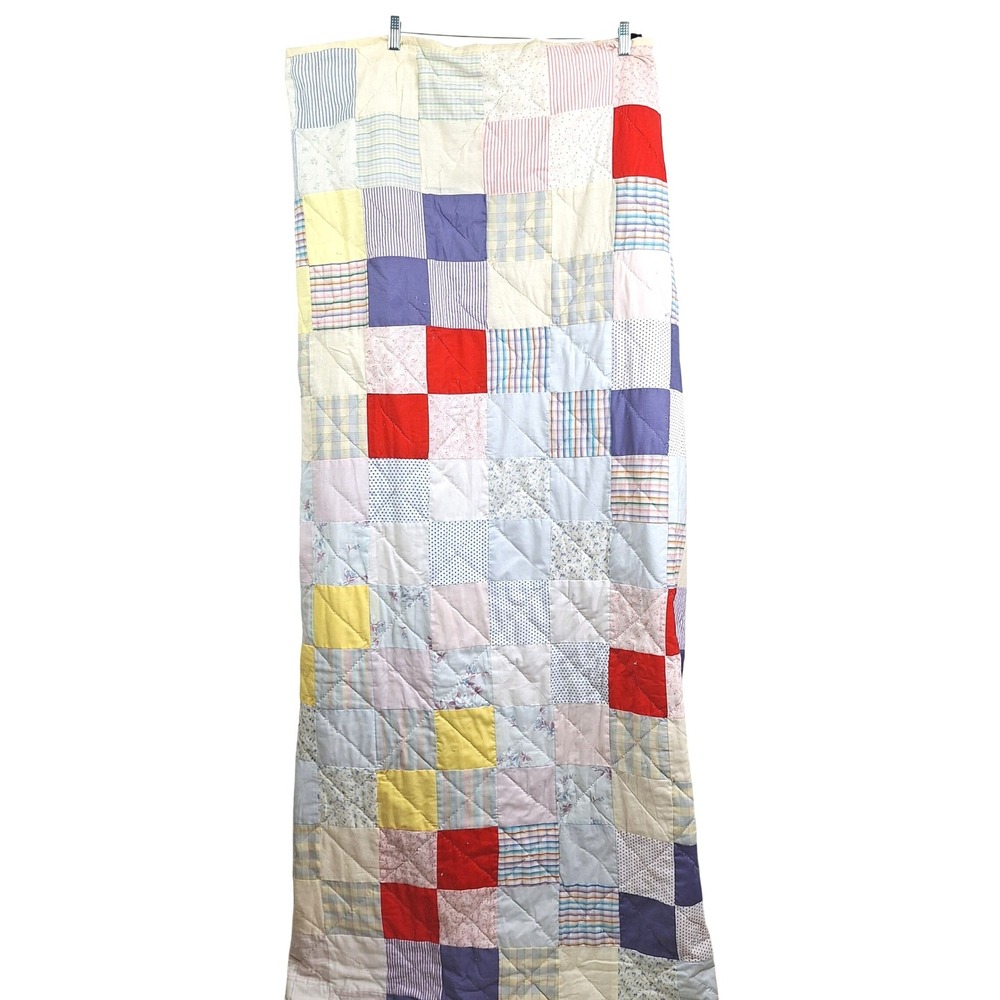 Vintage Handmade Patchwork Quilt Multi Color Plaid Stripe Polka Dot Cotton Blend